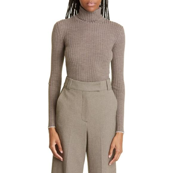 EUC By Malene Birger Reyne Ribbed Merino Wool Turtleneck Taupe Sweater Sz Large - Picture 1 of 16